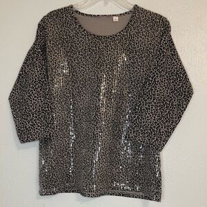 Chic Black and Gray Leopard Sequin 100% Cotton Top with 3/4 Sleeve